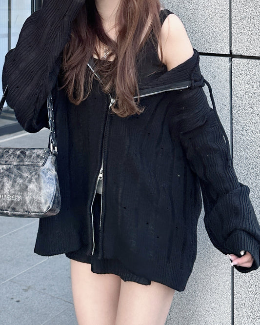 【Unisex情侶可穿👫入冬日常外套⛄️】Snowflake男友風破洞紋理厚磅Oversized針織連帽外套