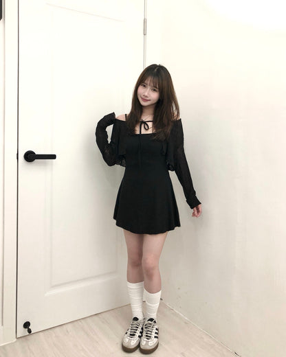 【韓式氣質女友約會感｜ 極顯纖細S腰線】Hourglass Firgure 透膚小外套+吊帶平領彈性OPS 2件套裝