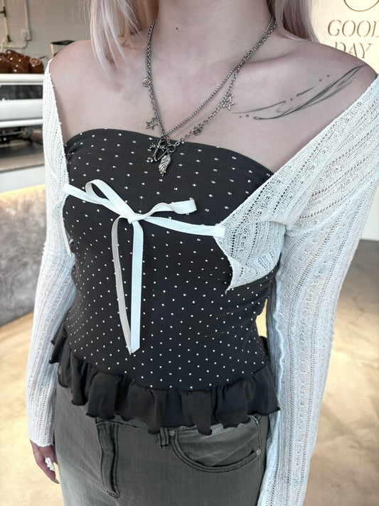 【顯瘦小外套】Taffy柔軟通花針織蝴蝶結短版外套