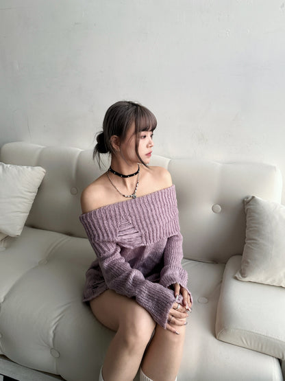 Damaged Off-shoulder Knit Top