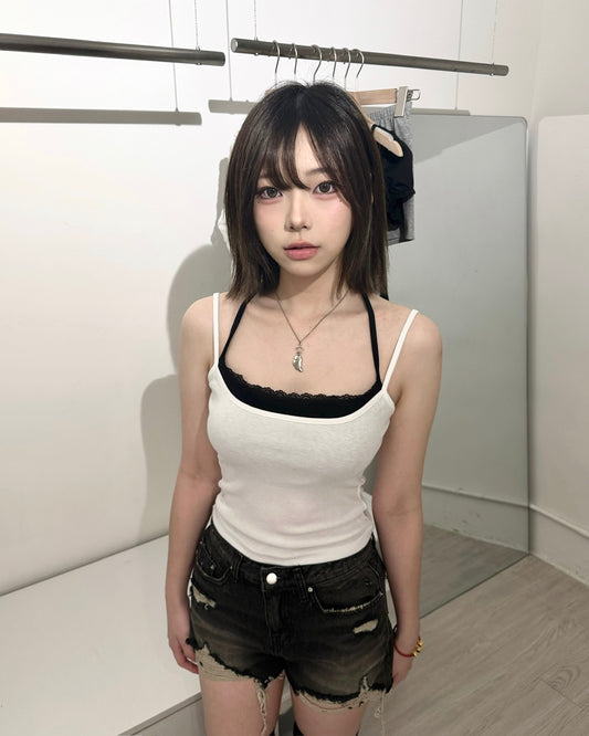 【免襯1件打造疊穿｜ 365日常必備】蕾絲拼色掛脖吊帶假兩件Bra Top背心