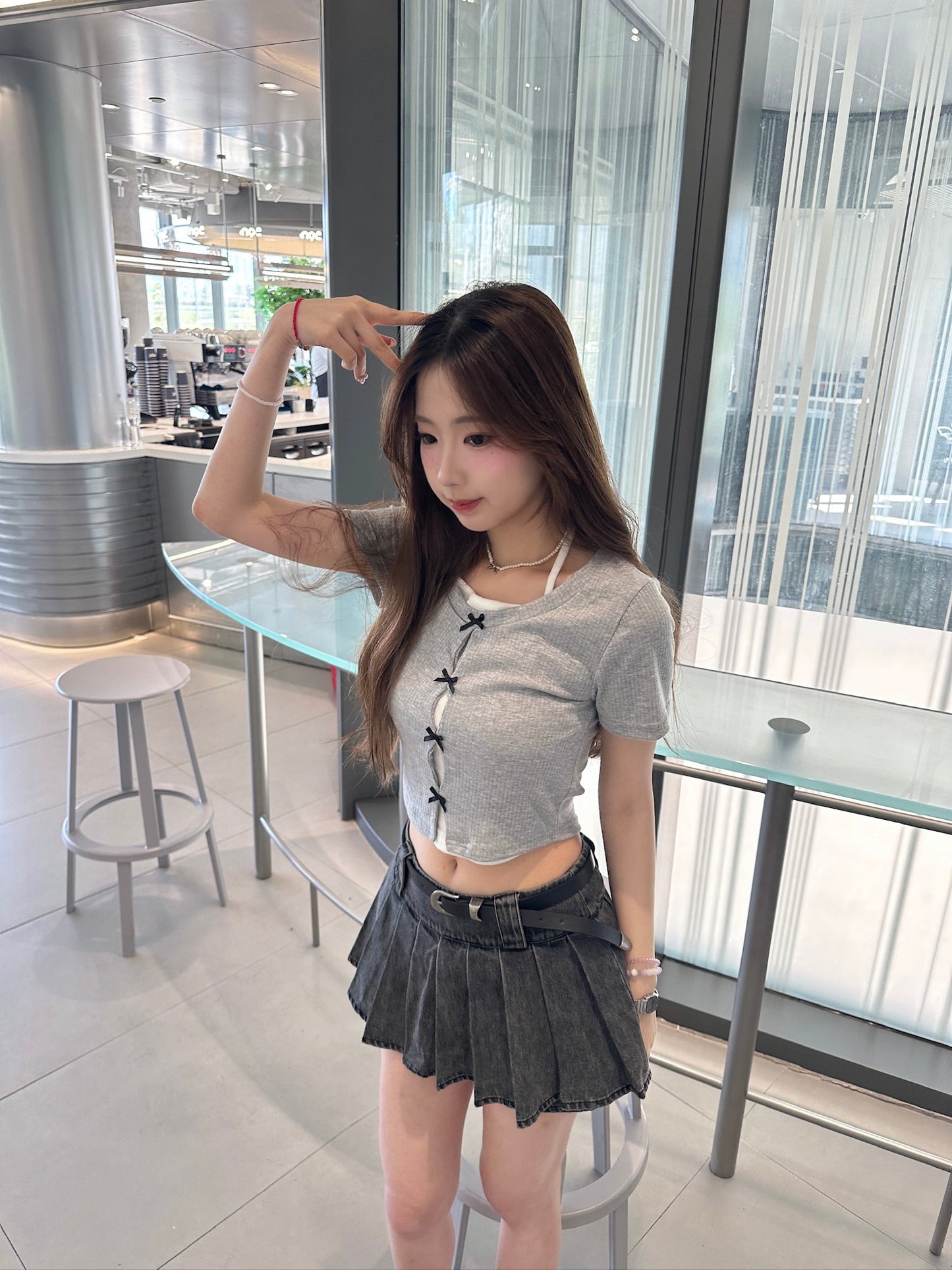 【可愛甜美風】Sliver Grey 蝴蝶結掛脖假兩件背心短袖Top