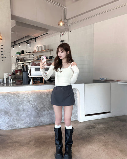 【情人節約會必選💗女友感滿分】Melting Heart 芭蕾舞風絲帶蝴蝶結滑滑絨毛一字肩Top