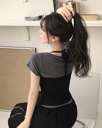 【韓系夏日疊穿CP值套裝｜ 日常Daily必入】Normcore 極簡掛脖背心 x 棉質 T-Shirt 2件套