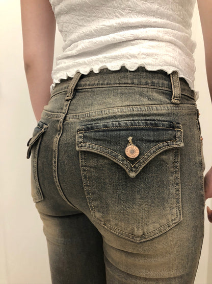 【打造蜜桃臀🍑♪ 日常百搭必入】Vintage Graphite 石墨水洗挺身明線喇叭褲