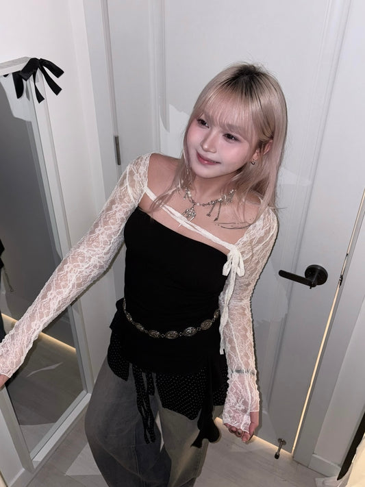 【顯瘦小外套】Daisy in Black蕾絲不規則可拆式綁帶短版外套