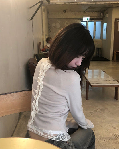 【早秋外套上衣2 in 1｜ 精緻蕾絲拼接假兩件】Serenade半透視蕾絲假兩件捲邊掛脖長袖開衫上衣