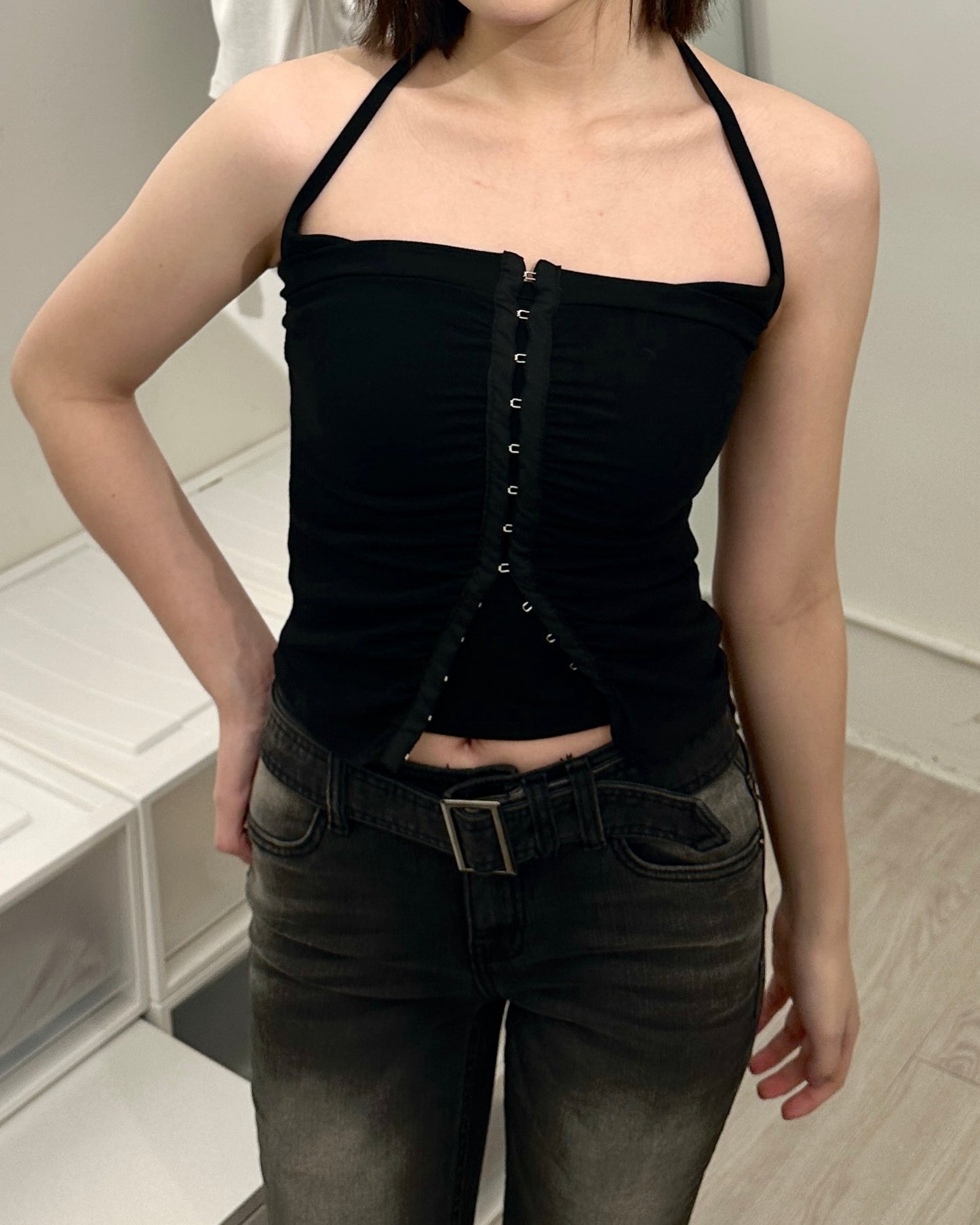 【LOVELIST獨家配搭2件套$368】Restrained 小眾感排鈎修腰平口Croset Top套裝