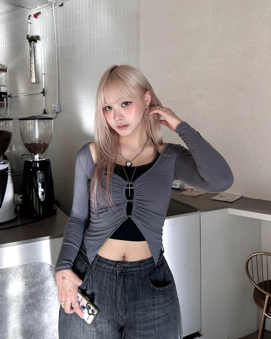 【極簡芭蕾舞風疊穿】Ballerina掛脖背心假兩件修腰長袖Top