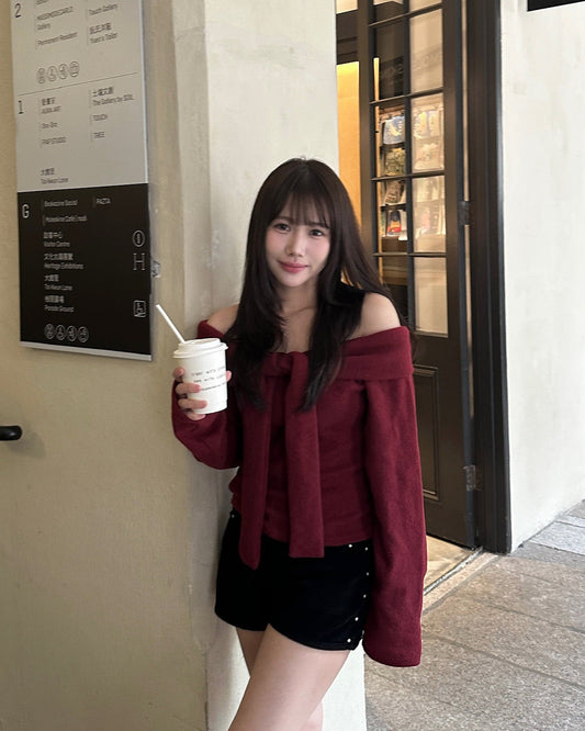 【CNY情人節必選 ♡ 甜美氣質感】Snowy Fluffy雲朵感絨毛綁結領巾Off Shoulder Top