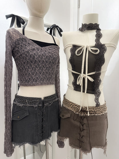 【豹紋穿搭入門級】Wild Cat破爛感豹紋交叉綁帶Mini Skirt