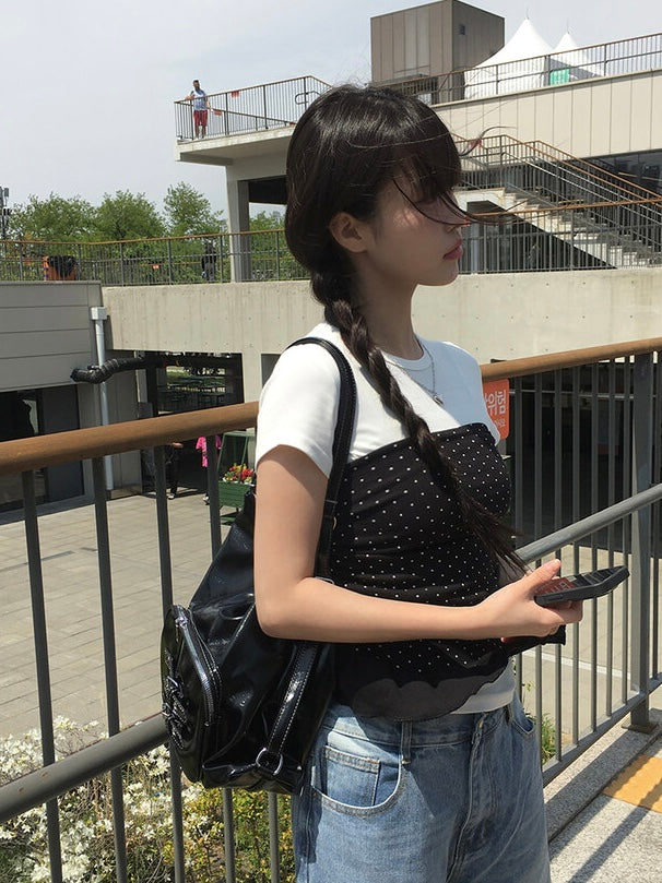 【韓網熱賣同款】韓式波點風半身人魚捲邊抹胸