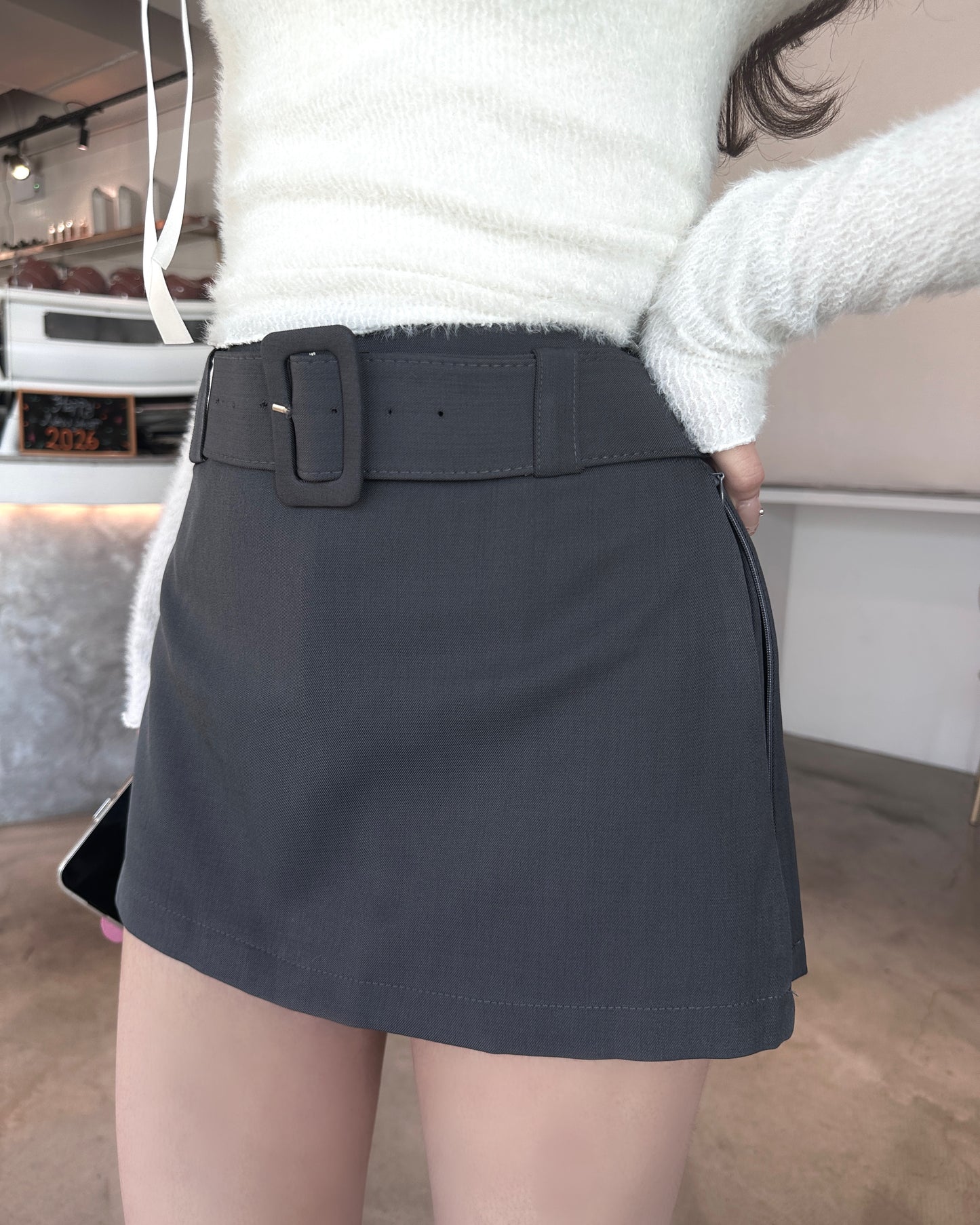 【A-line/ 包臀/ 側開衩3 in 1♡極推此裙】Minimalist 方扣腰帶高腰雙拉鍊西裝短裙