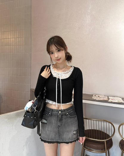 【Vintage磨爛風】Earl Grey 水洗灰黑色Lace磨爛高腰牛仔裙