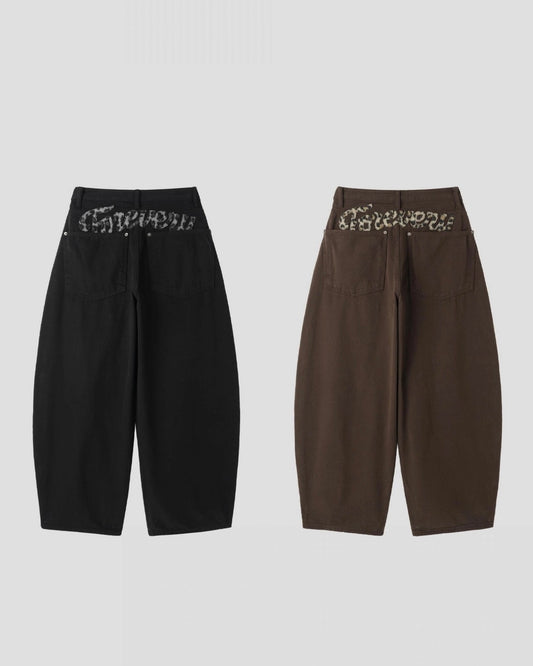 【日常百搭闊褲Pick♪】Forerver豹紋刺繡闊身彎刀褲