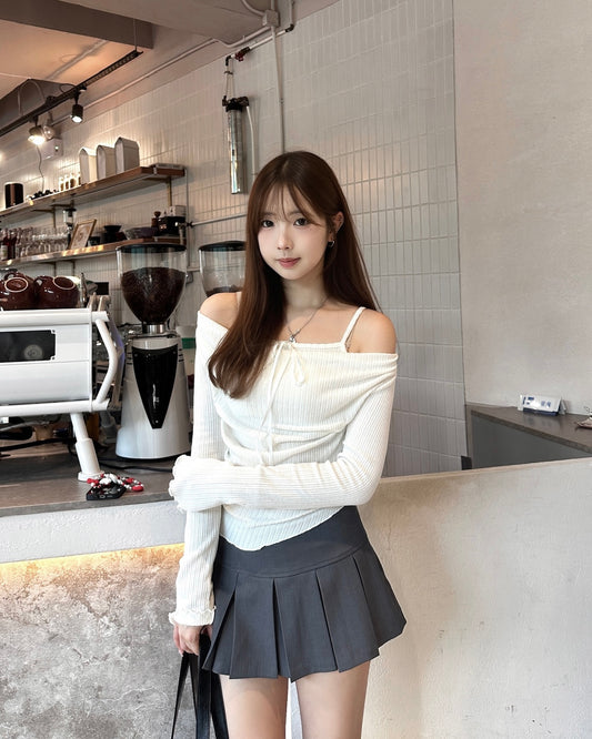 【韓系氣質必入】Ethereal絲帶疊穿假兩件Off-Shoulder針織長袖Top