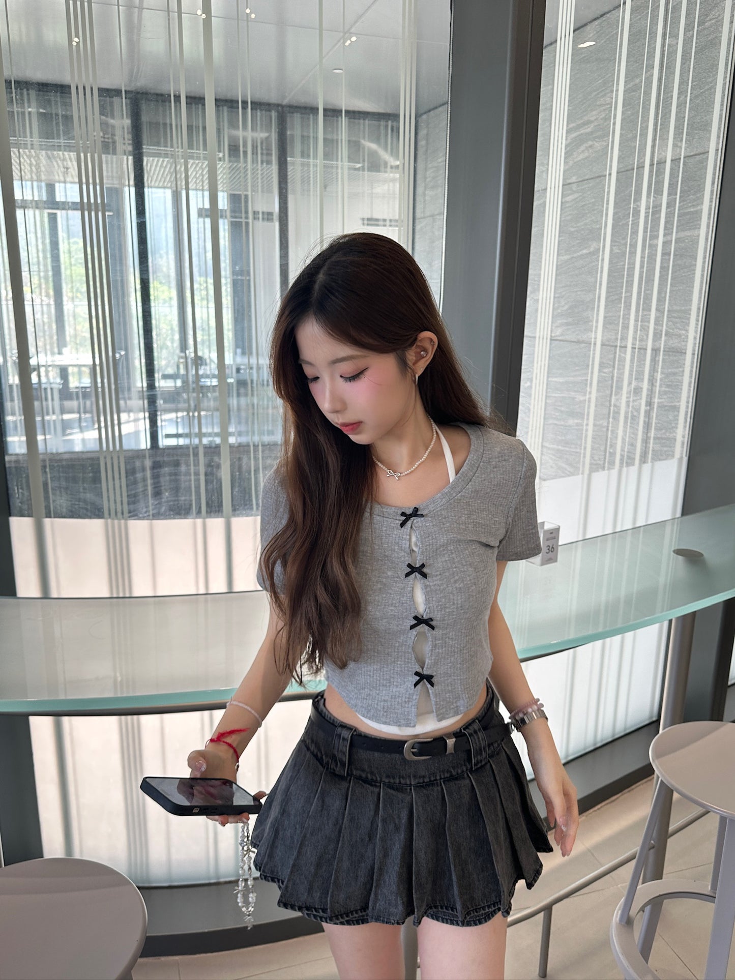 【可愛甜美風】Sliver Grey 蝴蝶結掛脖假兩件背心短袖Top