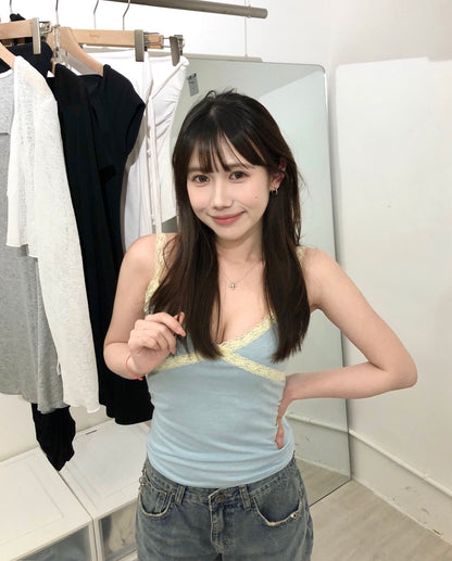 【韓網熱賣同款｜ 夏日純慾小性感 】Dopamine 撞色交疊蕾絲吊帶背心