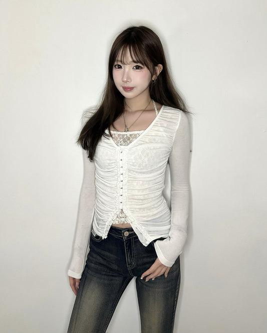【韓系個性🖤顯身材首選】Understated極簡修腰排勾透膚長袖Top