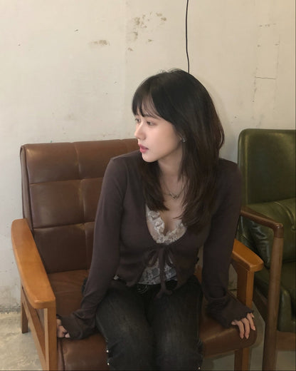 【早秋外套上衣2 in 1｜ 精緻蕾絲拼接假兩件】Serenade半透視蕾絲假兩件捲邊掛脖長袖開衫上衣