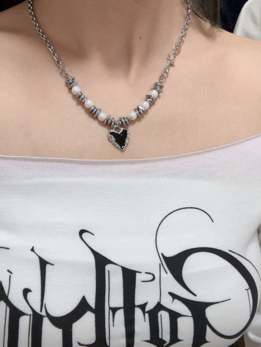 Sliver Heart & Pearl Necklace