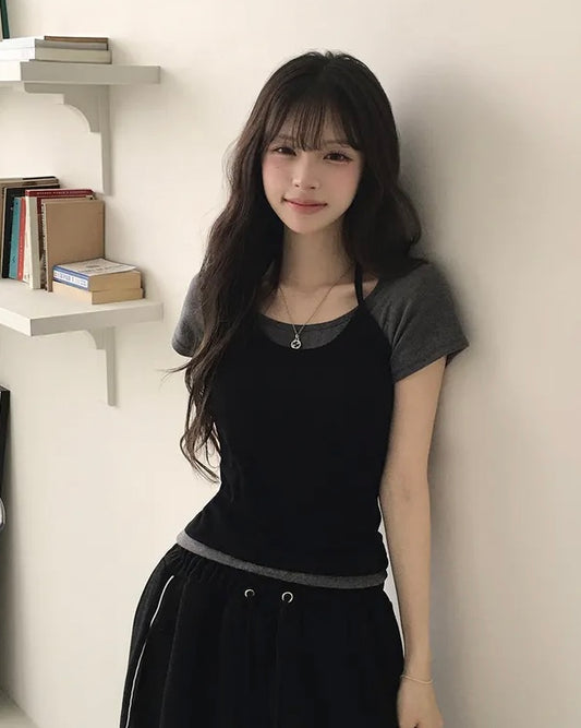 【韓系夏日疊穿CP值套裝｜ 日常Daily必入】Normcore 極簡掛脖背心 x 棉質 T-Shirt 2件套