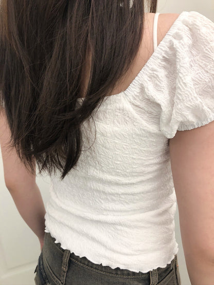 【約會Dating必備單品｜ 附送甜美氣質Lace Muffler】Cherubic 蕾絲方領蝴蝶結泡泡袖Top