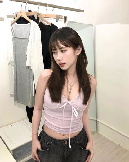 【韓網熱賣同款｜365 Days百搭必入 】Lovesick 純慾感絲帶蝴蝶結蕾絲Bra Top（可調節長度）