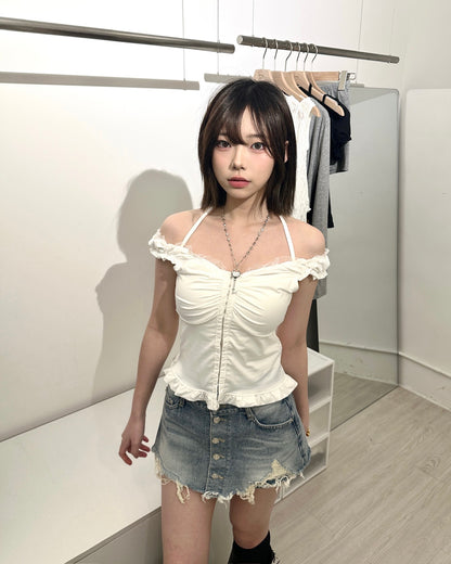 【再見大髀肉 遮胯拉長比例Pick｜ 365 Days百搭單品】Airy Denim 不規則假兩層排鈕淺藍裙褲