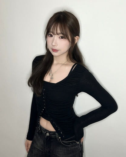 【韓系個性🖤顯身材首選】Understated極簡修腰排勾透膚長袖Top