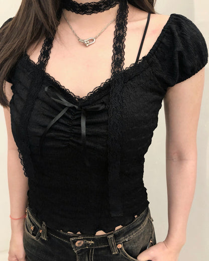 【約會Dating必備單品｜ 附送甜美氣質Lace Muffler】Cherubic 蕾絲方領蝴蝶結泡泡袖Top