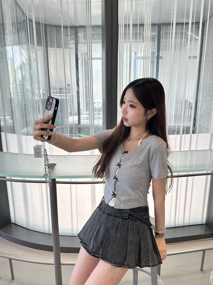 【可愛甜美風】Sliver Grey 蝴蝶結掛脖假兩件背心短袖Top
