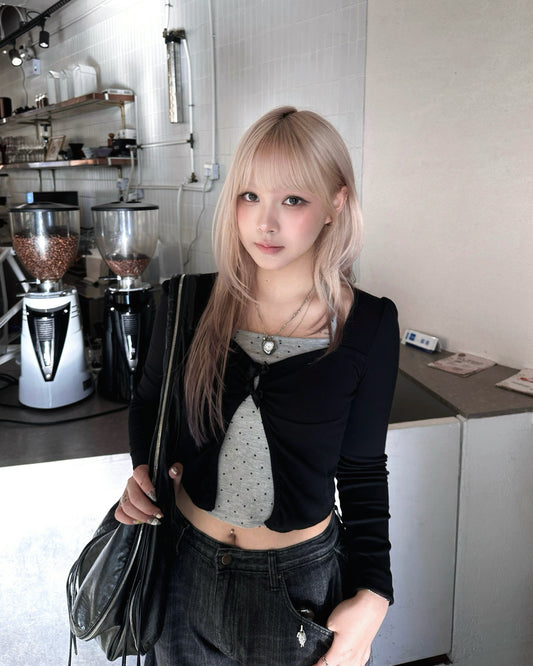 【打造直角肩+疊穿】Double蝴蝶結波點疊穿假兩件掛脖Top