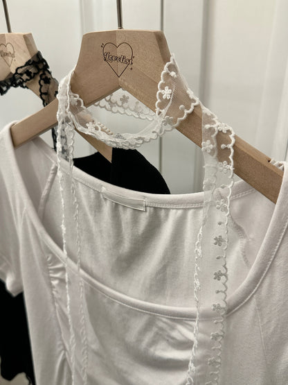 【已停產售完即止】韓式蕾絲風純色軟滑透氣圓領x Lace Muffler Top Set