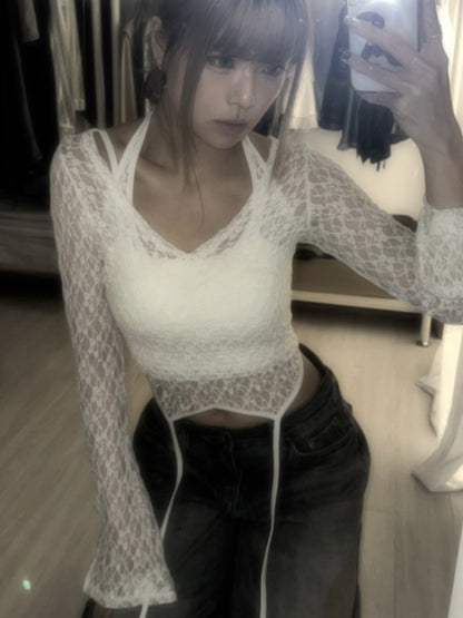 Melting Heart 蕾絲透膚開叉長袖Crop Top