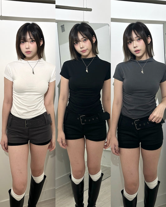 【MEOVV Anna機場穿搭平替Set】Indifferent Low Stand Collar 微企領皺褶短袖＋Darkness Biker 低腰短褲