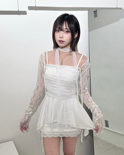 【Halloween 1＋1＋1 3件套$599♡𓈒𓏸︎︎︎︎ Twinkle Fairy 網紗+ Daisy in Black蕾絲不規則可拆式綁帶短版外套＋Pure Musk 蕾絲包臀裙】