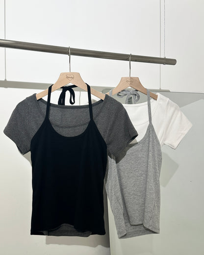 【韓系夏日疊穿CP值套裝｜ 日常Daily必入】Normcore 極簡掛脖背心 x 棉質 T-Shirt 2件套