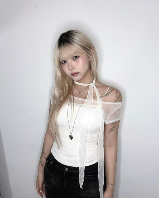 【韓式芭蕾舞風疊穿｜ 溫柔氣質百搭】Gauze Glow半透明感浪漫網紗皺摺2 ways 跌膊Halter Top