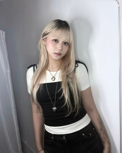 【韓系夏日疊穿CP值套裝｜ 日常Daily必入】Soft Monochrome 甜美雙肩綁帶蝴蝶結背心 x 寬鬆棉質 T-Shirt 2件套