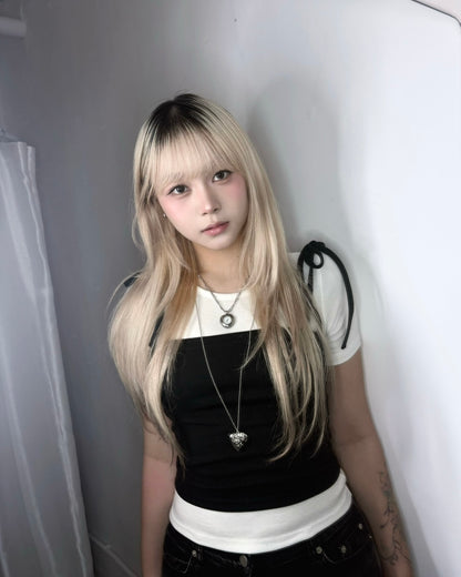 【韓系夏日疊穿CP值套裝｜ 日常Daily必入】Soft Monochrome 甜美雙肩綁帶蝴蝶結背心 x 寬鬆棉質 T-Shirt 2件套