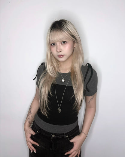 【韓系夏日疊穿CP值套裝｜ 日常Daily必入】Soft Monochrome 甜美雙肩綁帶蝴蝶結背心 x 寬鬆棉質 T-Shirt 2件套