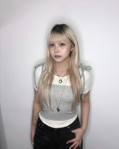 【韓系夏日疊穿CP值套裝｜ 日常Daily必入】Soft Monochrome 甜美雙肩綁帶蝴蝶結背心 x 寬鬆棉質 T-Shirt 2件套