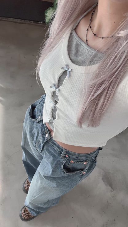【可愛甜美風】Sliver Grey 蝴蝶結掛脖假兩件背心短袖Top