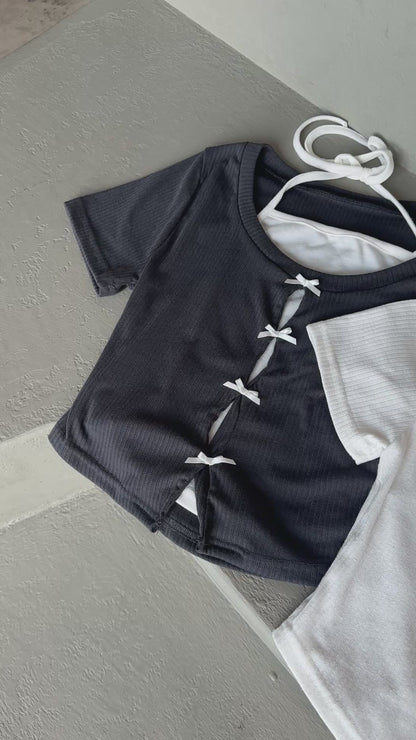 【可愛甜美風】Sliver Grey 蝴蝶結掛脖假兩件背心短袖Top